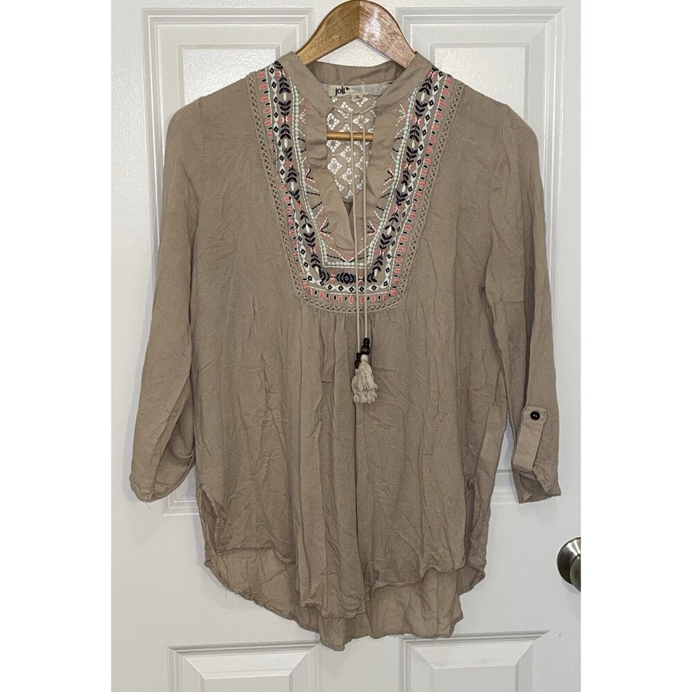 Jolt Women’s Bohemian‎ Crochet Lace Back 3/4 Roll Tab Sleeve Tan Blouse Large